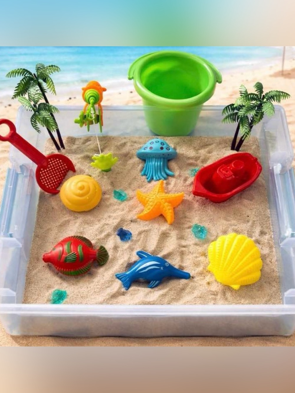 New Kids Beach Sand Toy Set with Green Bucket and Colorful Sea Molds